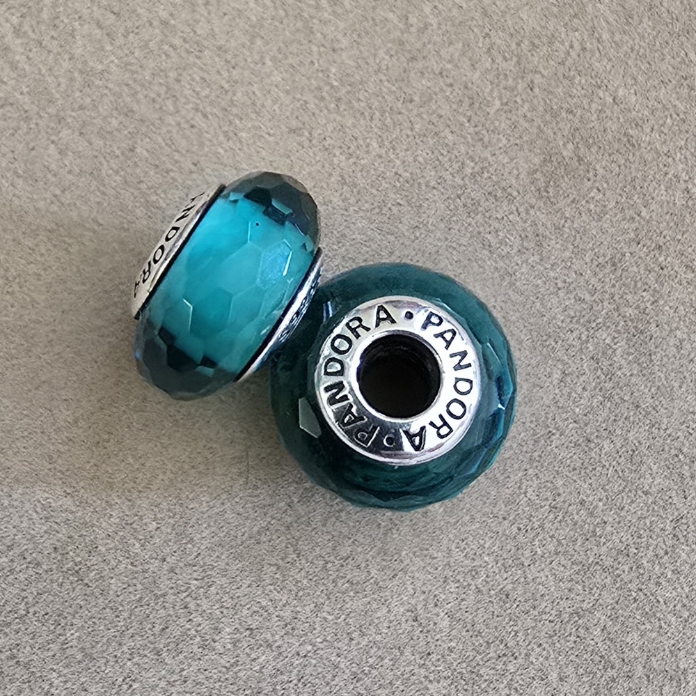 2pc Pandora Turquoise / Sea Green Glass Faceted Charm Beads - Picture 2 of 5